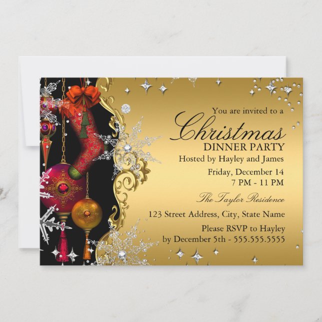 Invitation Red Gold Snowflon Noël Dîner de fête 4a (Devant)