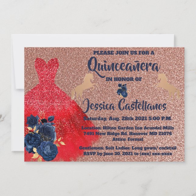 Invitation Red Gold Sparkle Dress Quinceañera (Devant)