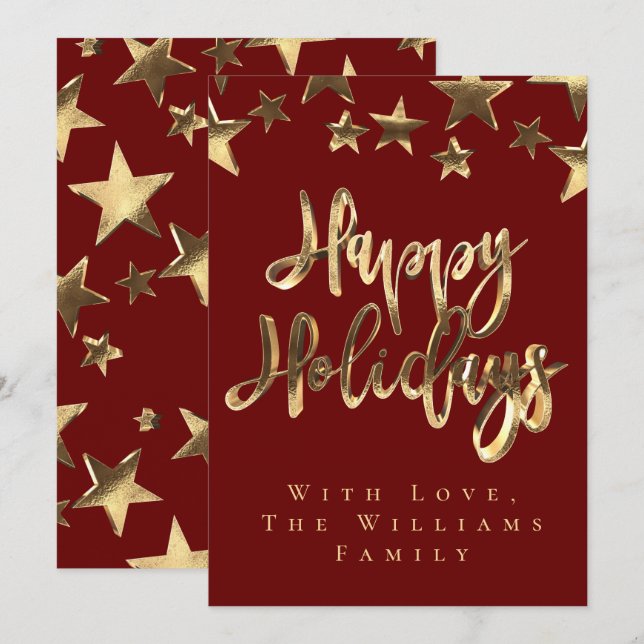 Invitation Red Gold Stars Joyeuses Vacances Script Noël (Devant / Derrière)