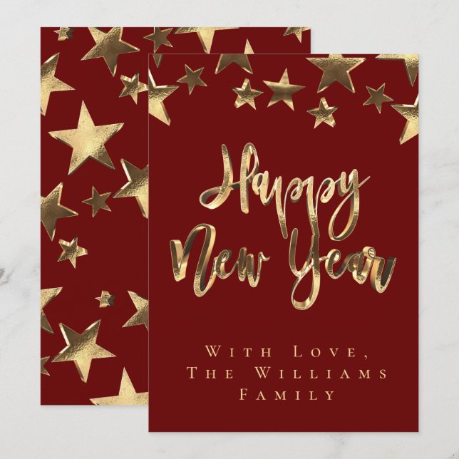 Invitation Red Gold Stars Motif Script Joyeux Nouvel An Chic (Devant / Derrière)