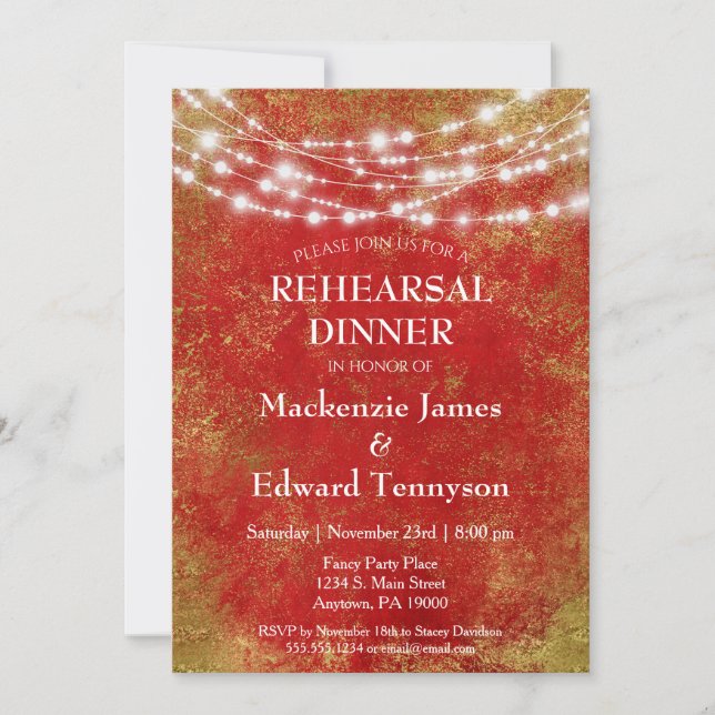 Invitation Red Gold String Lights Dîner de répétition Invitat (Devant)