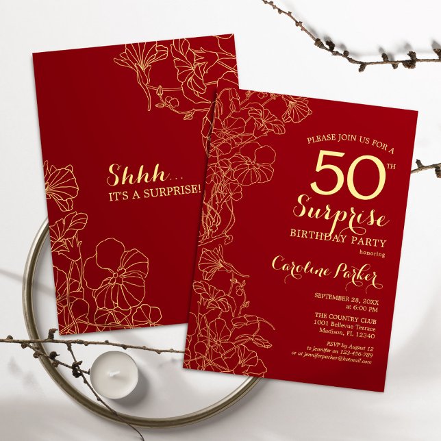 Invitation Red Gold Surprise 50e anniversaire fête (Créateur téléchargé)