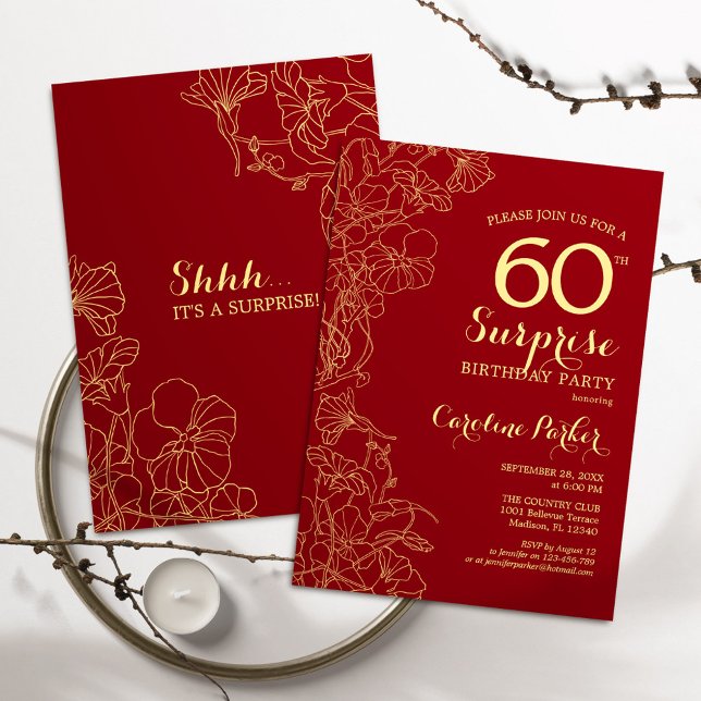 Invitation Red Gold Surprise 60e anniversaire fête (Créateur téléchargé)