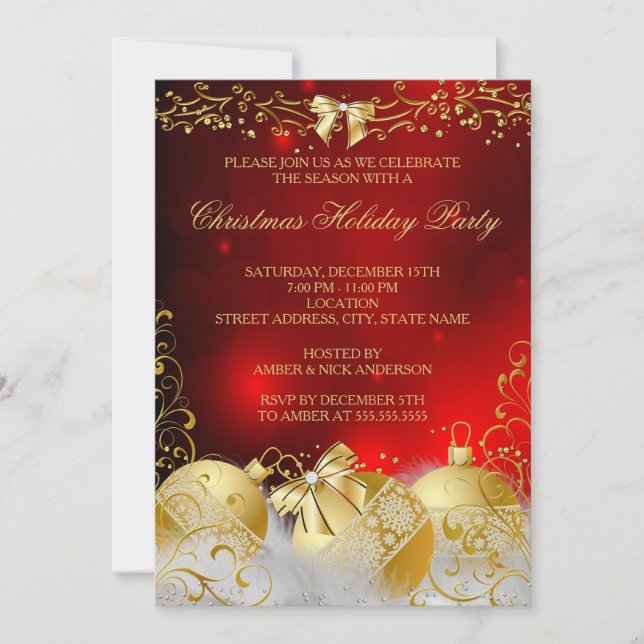 Invitation Red Gold White Bauble Noël Fête (Devant)
