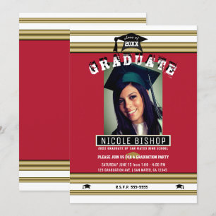 Invitation Red Gold White Elegant Photo Graduation Party