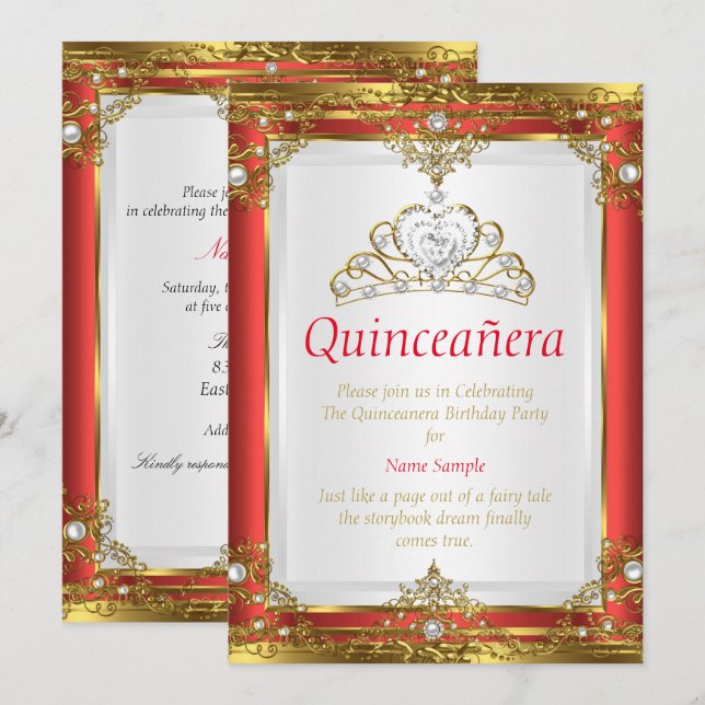 Invitation Red Gold White Pearl Princess Quinceanera (Devant / Derrière)