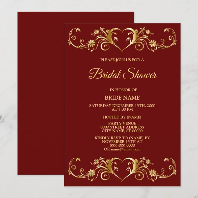 Invitation Red Golden Geometric Elegant Bridal Shower Party (Devant / Derrière)