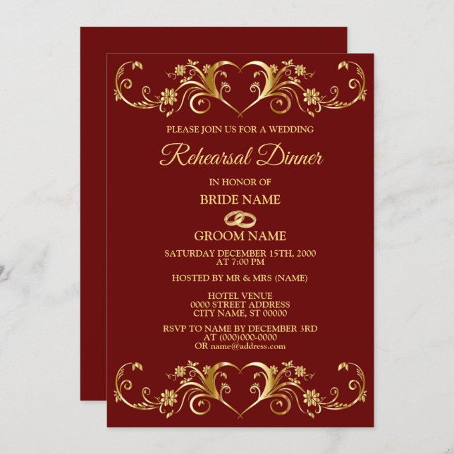 Invitation Red Golden Geometric Wedding Rehearsal Dinner (Devant / Derrière)