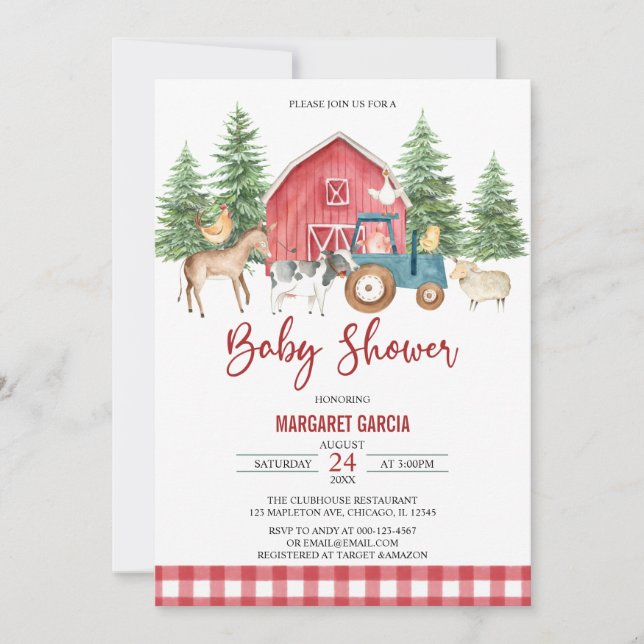 Invitation Red Green Barnyard Farm Animaux Baby shower (Devant)