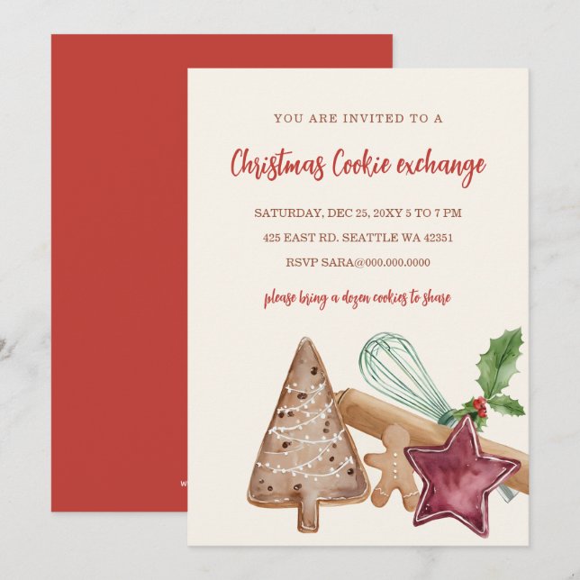 Invitation Red Green Festive Cookie Exchange Christmas Party (Devant / Derrière)
