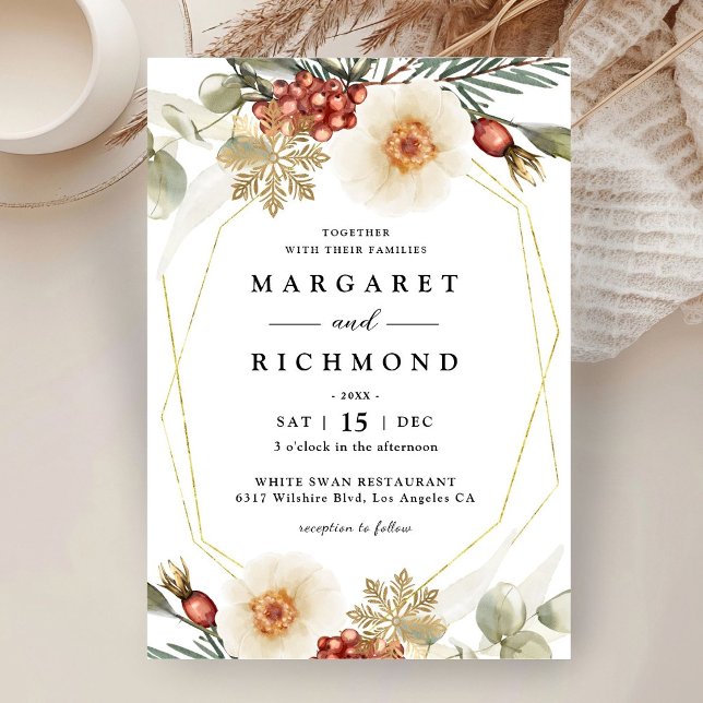Invitation Red Green & Gold Wreath de Noël Mariage d'hiver (Créateur téléchargé)