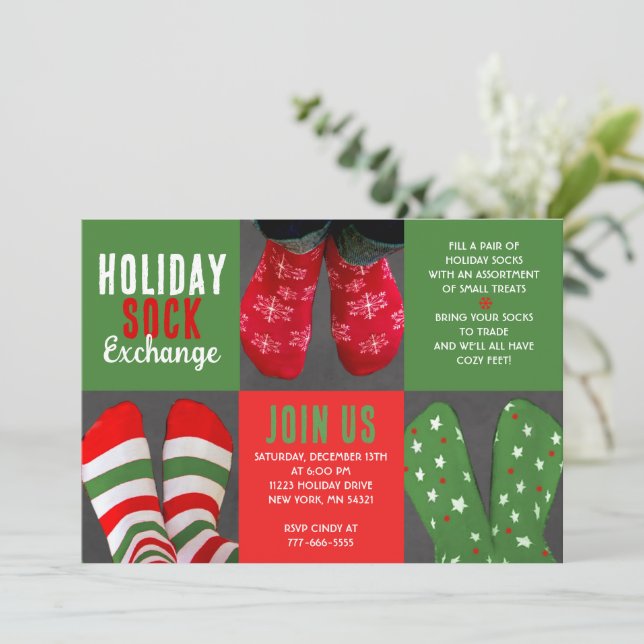 Invitation Red & Green Holiday Sock Exchange (Debout devant)