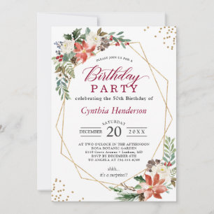 Invitation Red Green Ivory Poinsettia Floral fête d'anniversa