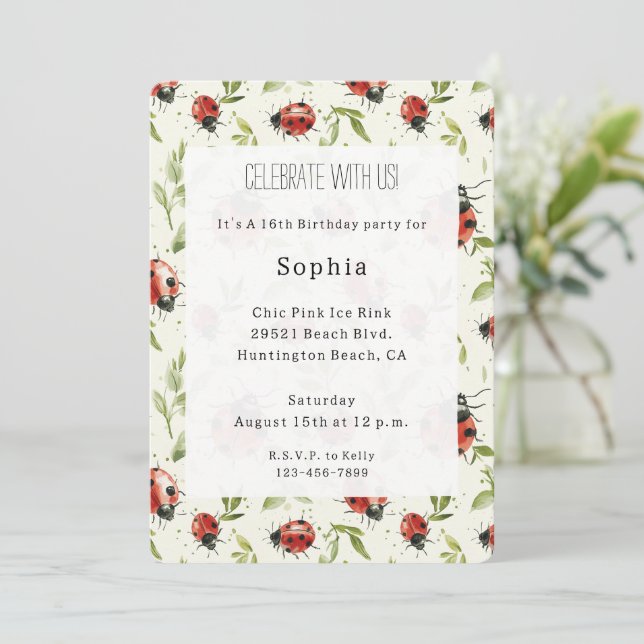 Invitation Red Green Leaves Ladybugs Birthday (Debout devant)