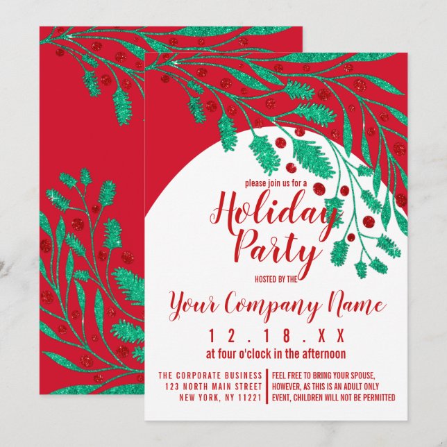 Invitation Red Green Parties scintillant Holly et Ivy Corpora (Devant / Derrière)