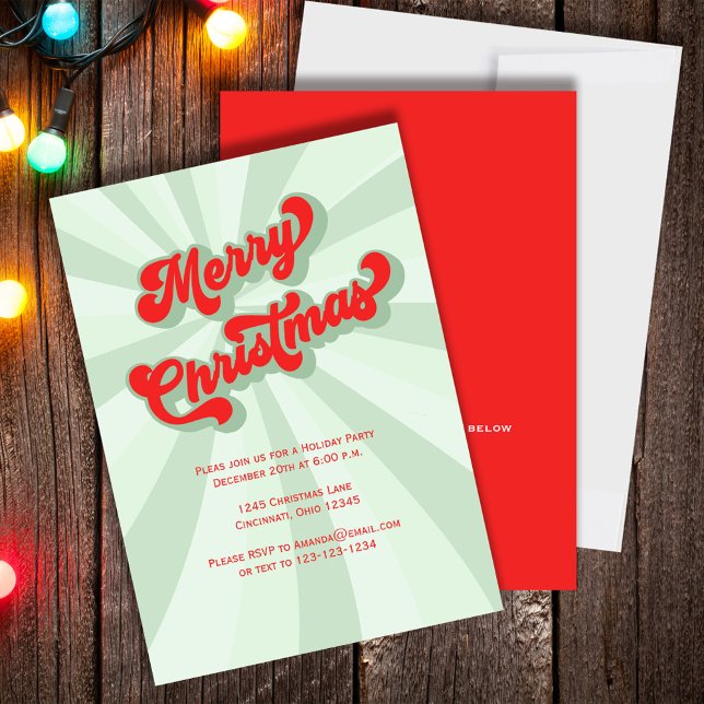 Invitation Red Green Retro Joyeux Noël personnalisé (Merry Christmas Holiday party invitation with green and red retro-style typography.)