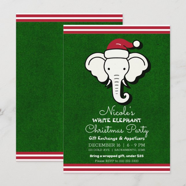 Invitation Red Green White Elephant échange cadeau Noël (Devant / Derrière)