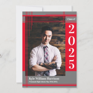 Invitation Red Grey École Couleur Graduation Photo Plaid