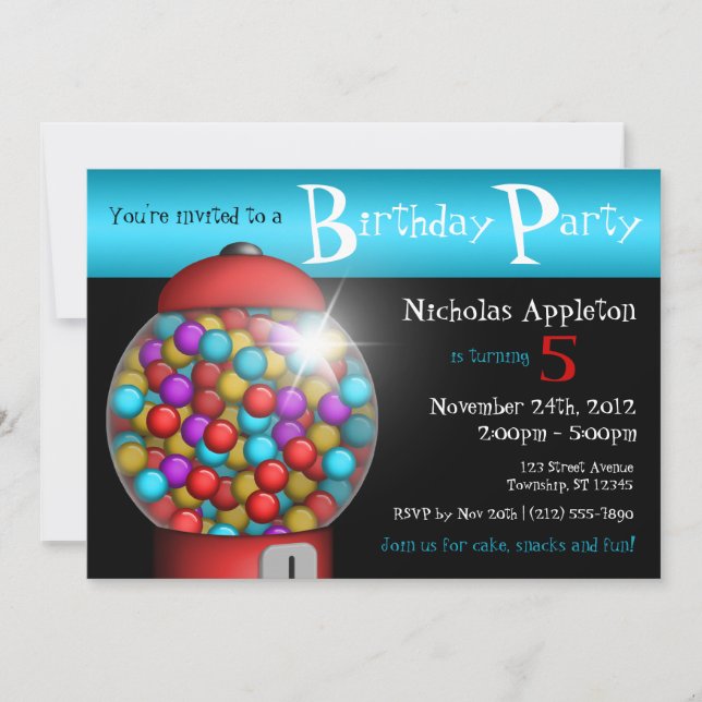 Invitation Red Gumball Machine Aqua Anniversaire Fête Invitat (Devant)