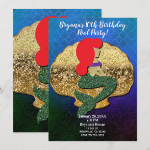 Invitation Red Haied Sirène Golden Seashell fête d'anniversai