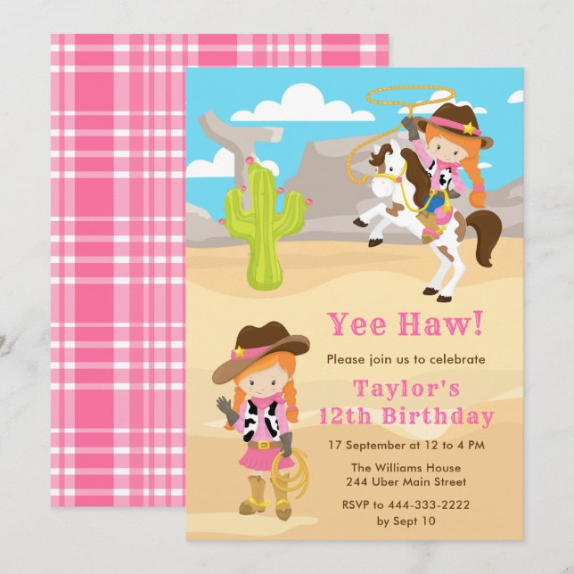 Invitation Red Hair Cowgirl fête d'anniversaire (Devant / Derrière)