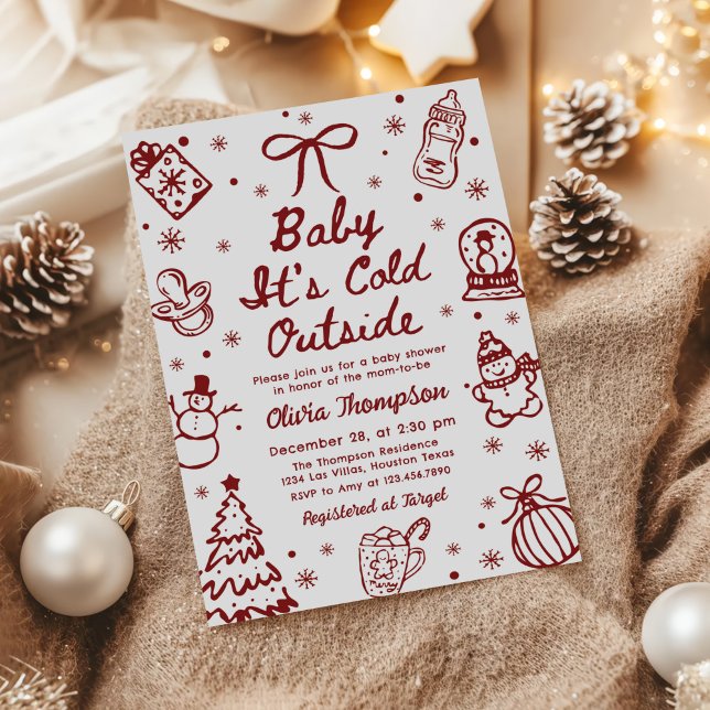 Invitation Red Hand Drawn Baby It's Cold Outside Baby Shower (Créateur téléchargé)