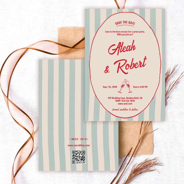 Invitation Red Handwriting Blue Stripes Retro Save the Date (Créateur téléchargé)