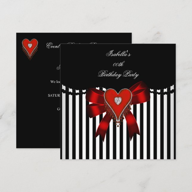 Invitation Red Heart Black White Stripe Bow fête d'anniversai (Devant / Derrière)
