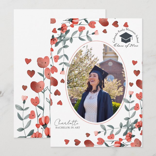 Invitation Red Heart Floral Photo Graduation Annonces (Devant / Derrière)