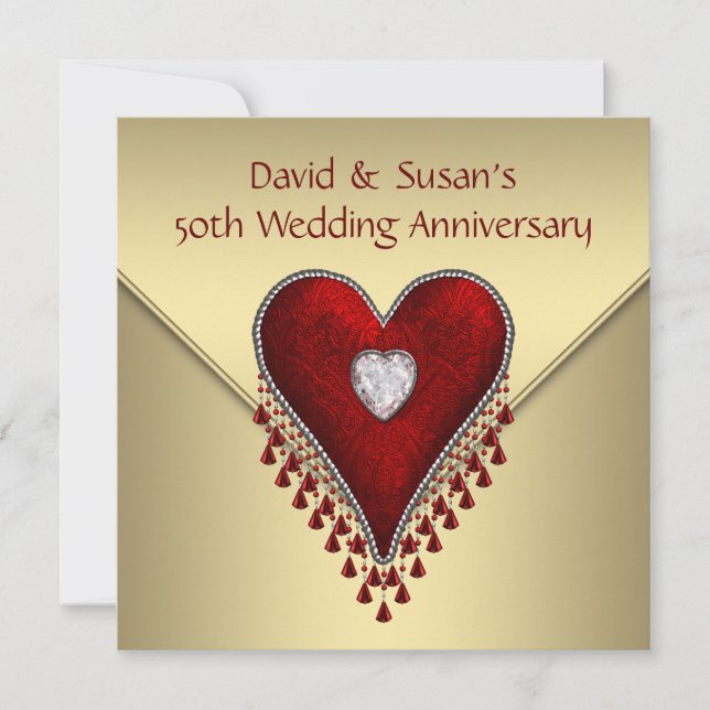 Invitation Red Heart Gold 50th Mariage Anniversary Party (Devant)