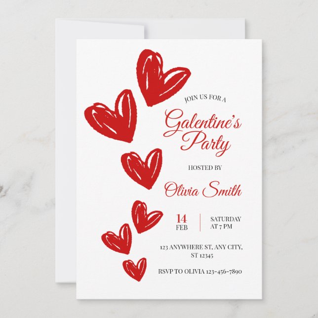 Invitation Red hearts galentines party invite , valentines  (Devant)