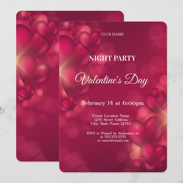 Invitation Red Hearts Valentine's Day Night Party (Devant / Derrière)