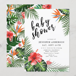 Invitation Red Hibiscus Palm Feuille Baby shower tropical