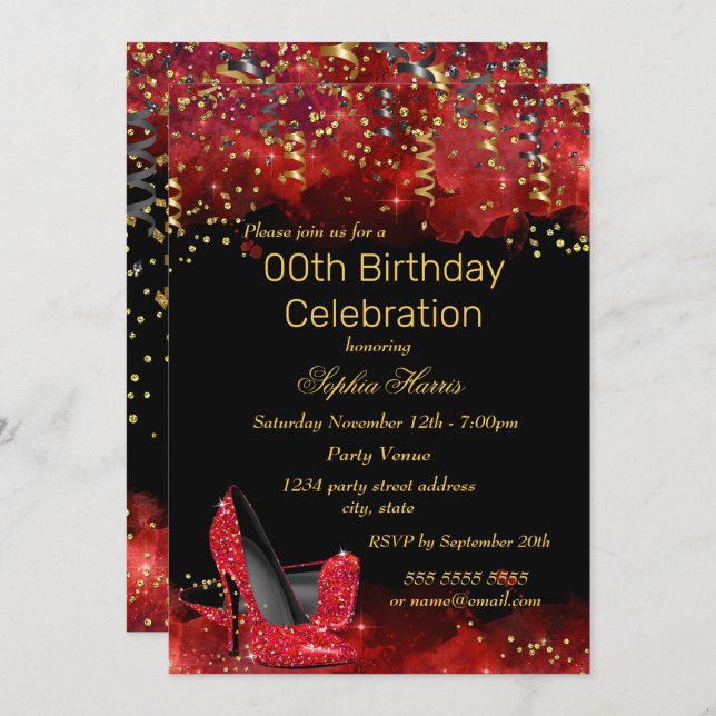 Invitation Red High Heels Gold Black parties scintillant fête (Devant / Derrière)