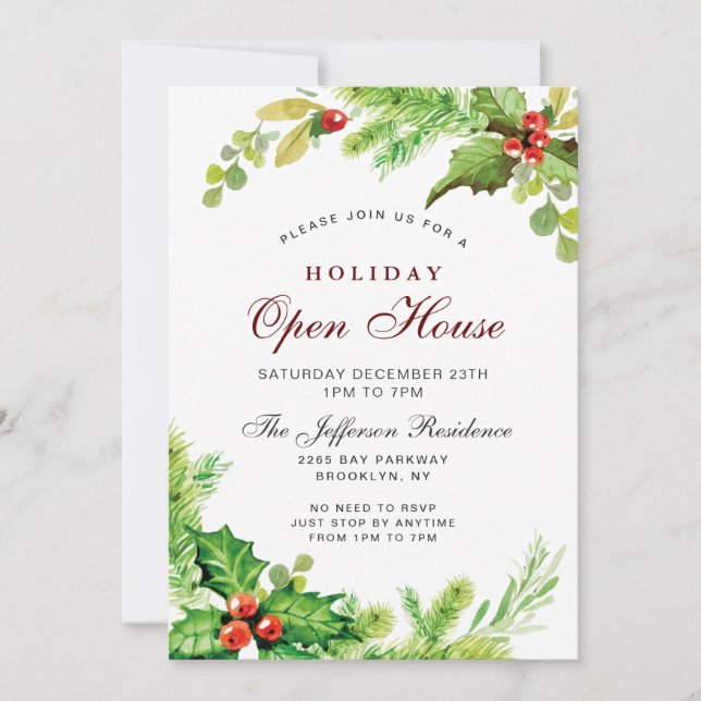Invitation Red Holly Berry Maison ouverte de Noël (Devant)