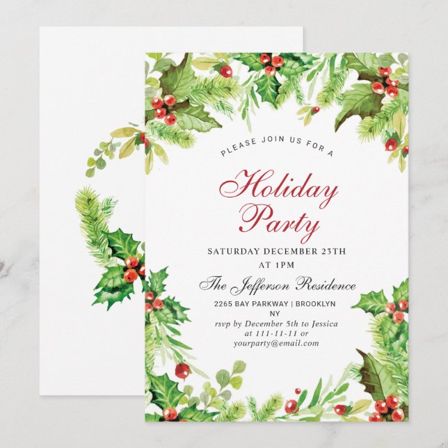 Invitation Red Holly Berry Mistletoe Fête de Noël (Devant / Derrière)