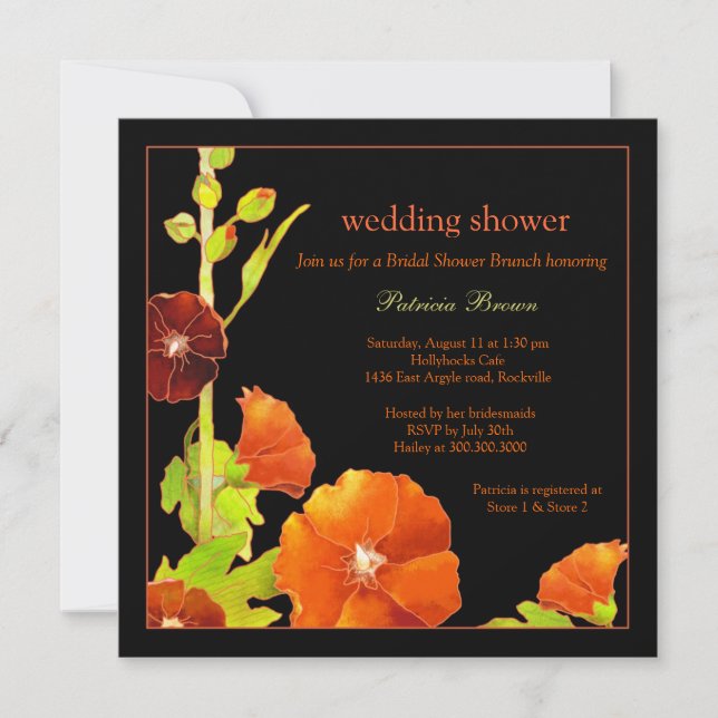 Invitation Red Hollyhocks Wedding shower noir (Devant)