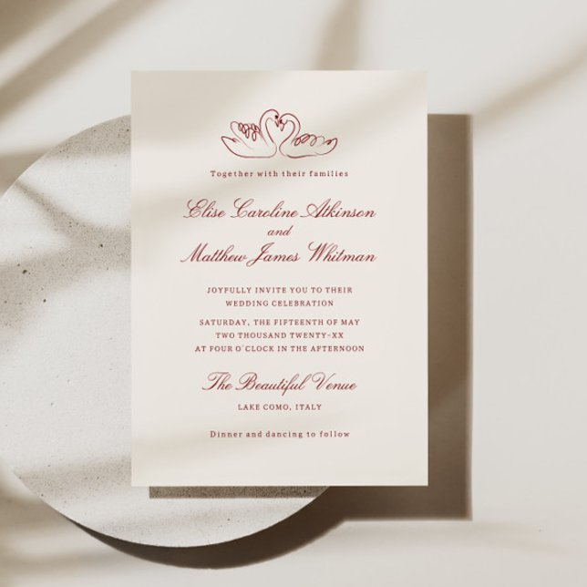 Invitation Red Illustrated Swans Whimsical Wedding (Créateur téléchargé)