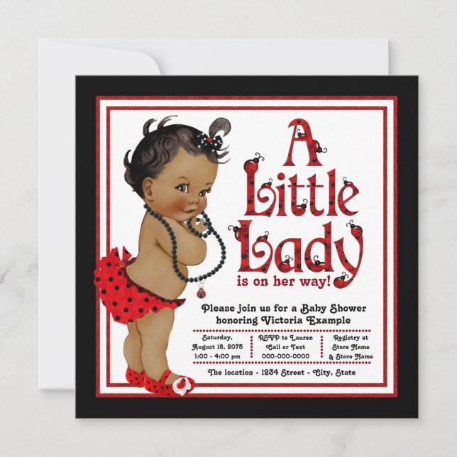 Invitation Red Ladybug African American Girl Baby shower (Devant)