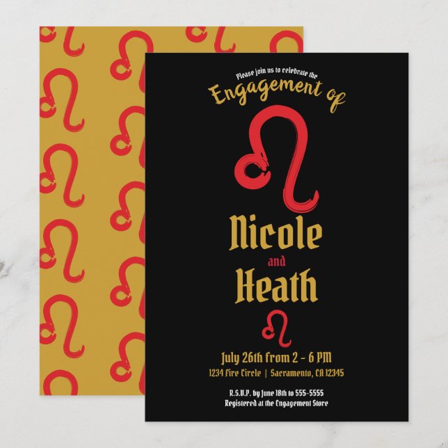 Invitation Red LEO Zodiac Astrologie Juillet Août Fiançailles (Devant / Derrière)