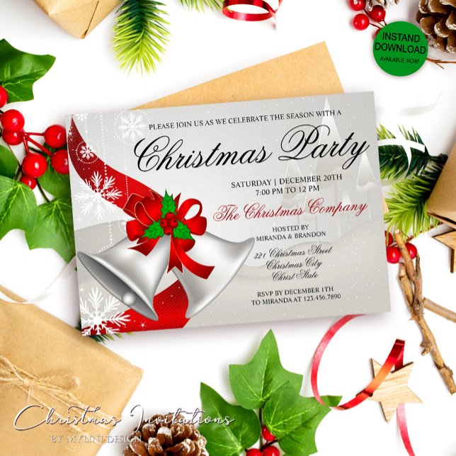 Invitation Red Loop Silver Bells Fête de Noël d'entreprise (Créateur téléchargé)