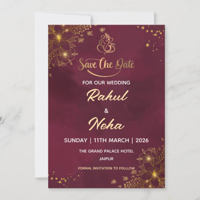 Invitation Red Luxury Indian Save the Date Card (Devant)