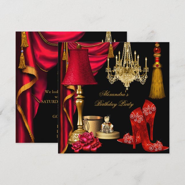 Invitation Red Luxury Womans Gold Black High Heels Party (Devant / Derrière)