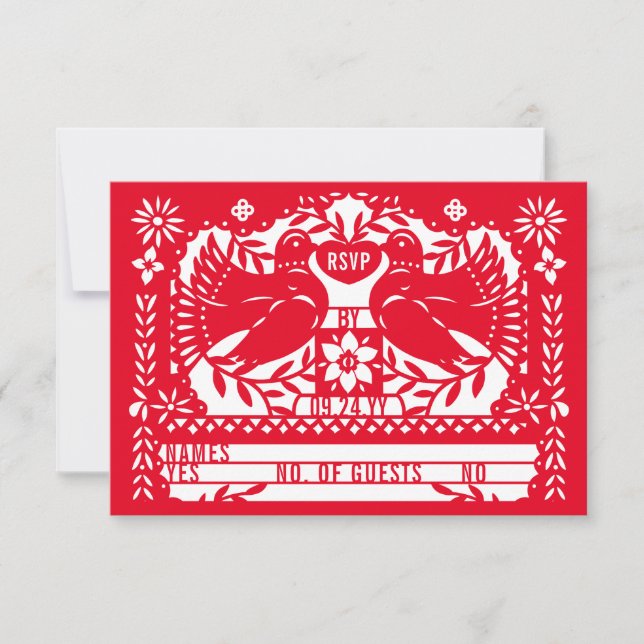 Invitation Red Mexican Fantail Doves Papel Picado RSVP (Devant)