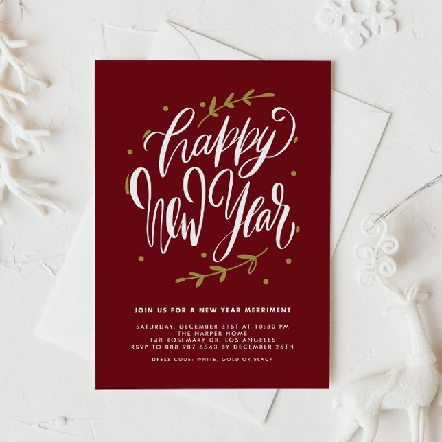 Invitation Red Modern Calligraphy and Wreath New Year Party (Customizable burgundy New Year party invitation featuring modern calligraphy and foliage wreath.)