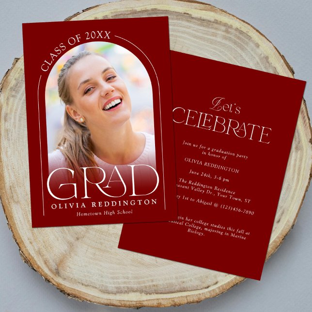 Invitation Red Modern Minimal Arch Photo Graduation Party (Créateur téléchargé)