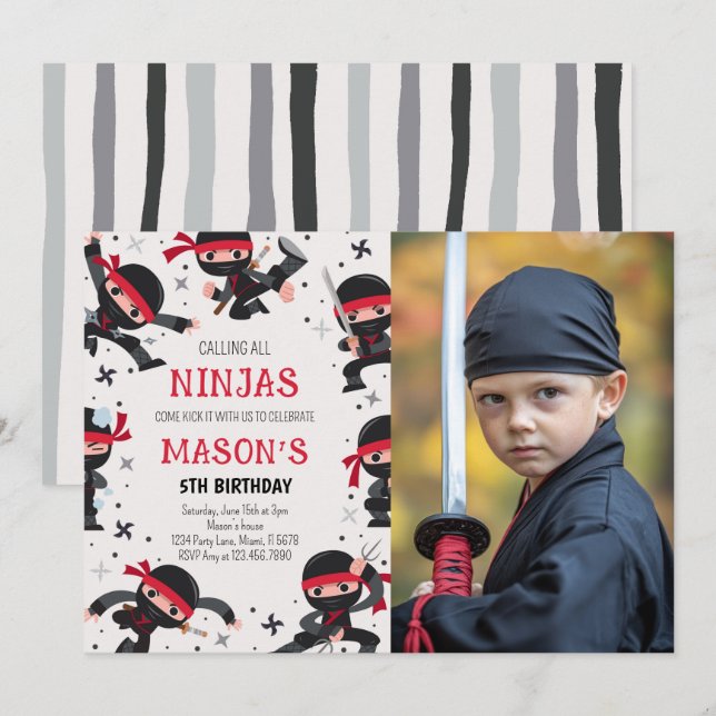 Invitation Red Ninja Guerrier Arts Martiaux Photo Anniversair (Devant / Derrière)