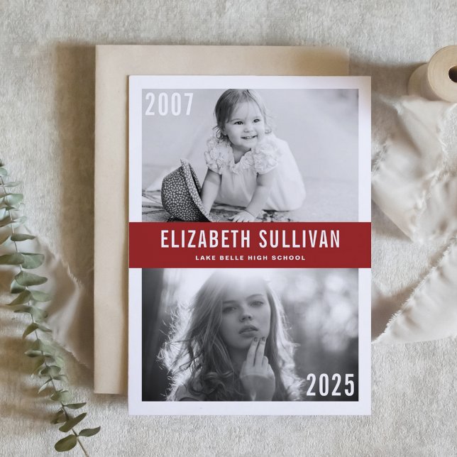 Invitation Red Now and then Photo Collage Graduation (Customizable 'Then and Now' Photo Graduation Invitation with red background – Personalized Invite)