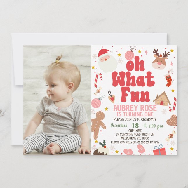 Invitation Red Oh What Fun Photo Noël 1er anniversaire (Devant)
