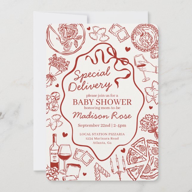 Invitation Red Pasta Special Delivery Italian Baby Shower (Devant)